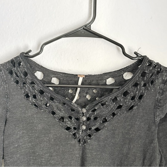 Free People Black Color Blue Luna Cutout Henley Long Sleeve Blouse Top - Picture 6 of 11